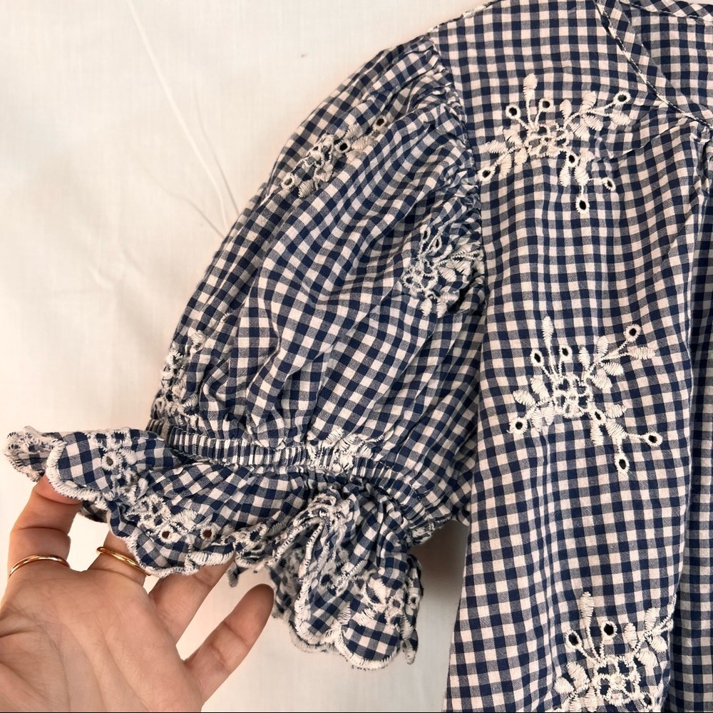 Broadway 38 Gingham Floral Embroidered Eyelet Crop Blouse Ruffle Sleeve Womens S - Picture 2 of 10